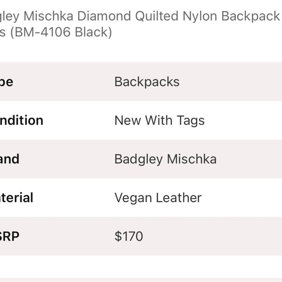 BADGLEY MISCHKA Tweed Diamond Quilted Nylon Backpack NWT Black White MSRP 170 - Picture 2 of 5